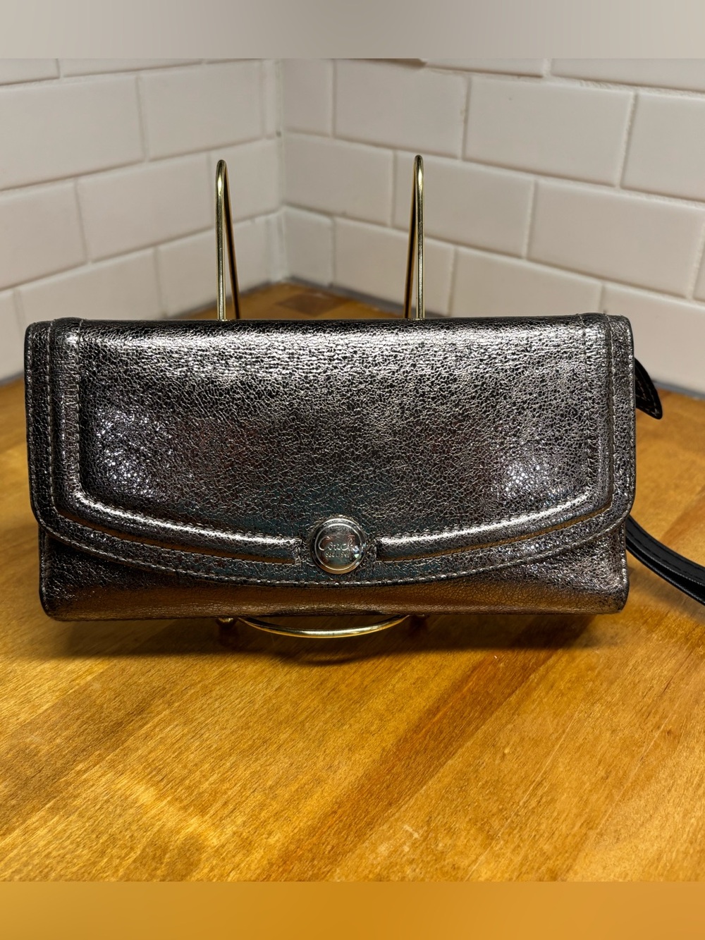 Coach Metallic Silver Leather Snap Flap Wallet Wristlet Clutch